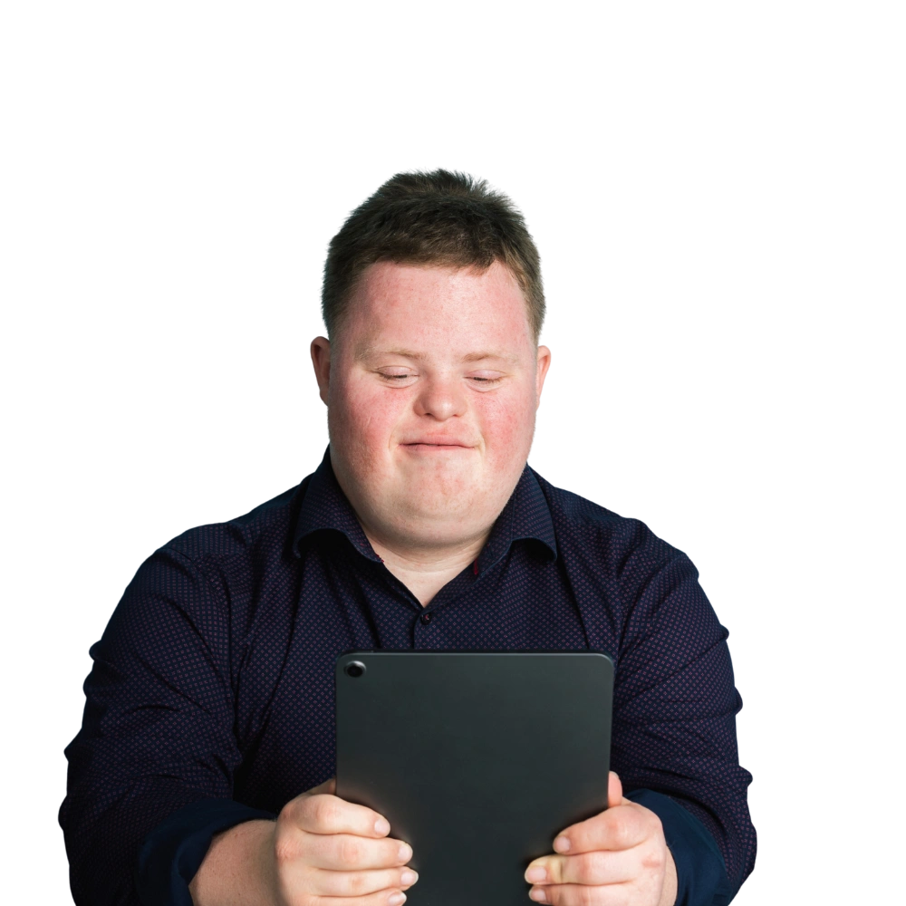 Happy disabled man contacting Ability Integrity Care Services on his tablet